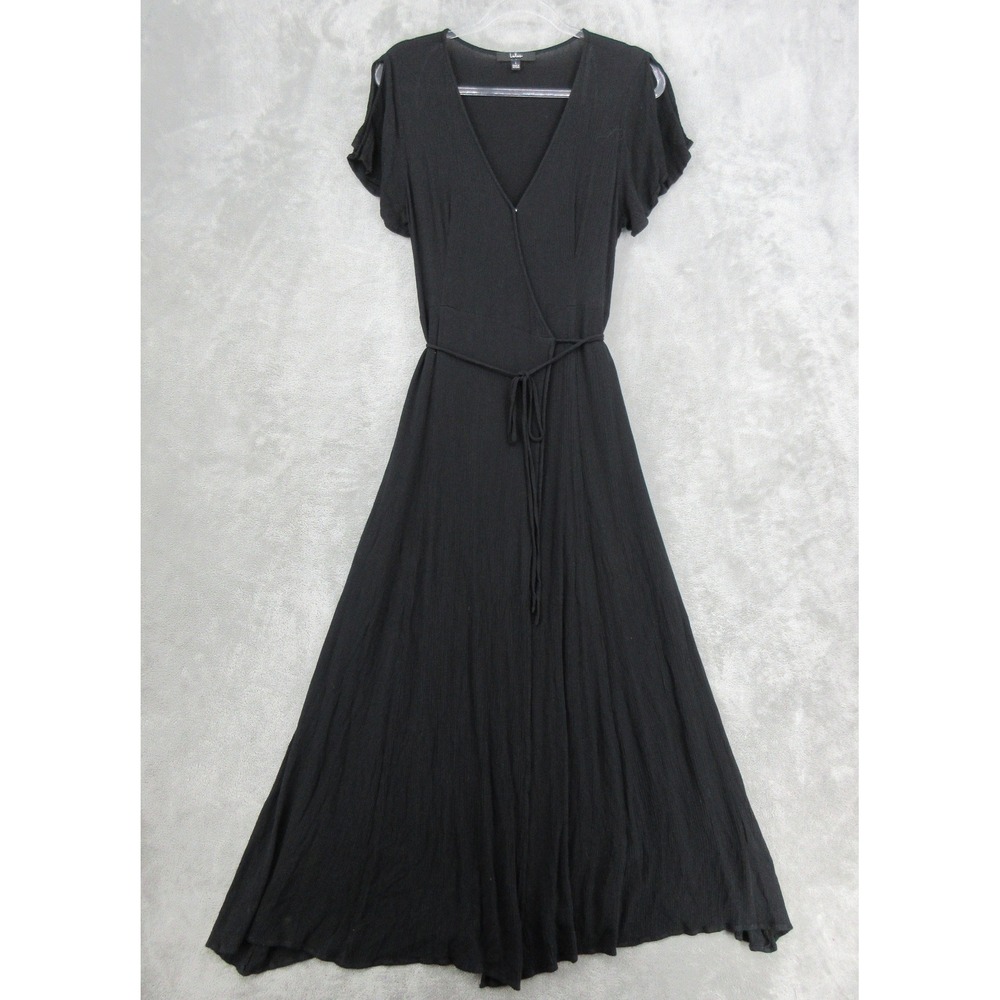 Lulus Dress Womens Size L Wrap Maxi Crinkle Tie Waist Minimalist Split Sleeve